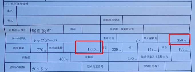 廃棄物運搬：積載量確認のための車検証の写真