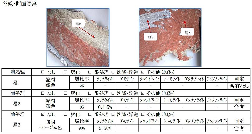 アスベスト層別分析:シートガスケット。層ごとに分析された試料写真と、層ごとの分析結果が記載された表