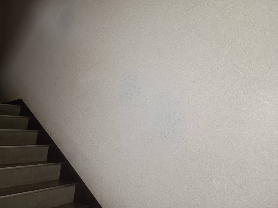 アスベスト要調査建材例：内壁塗装・内壁塗材　階段に施工された光沢のある吹付塗装壁　別パターン｜施工管理ノート